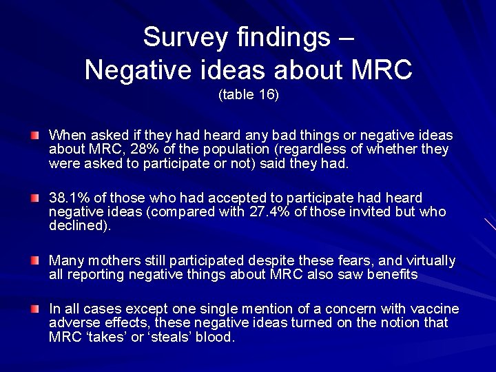 Survey findings – Negative ideas about MRC (table 16) When asked if they had