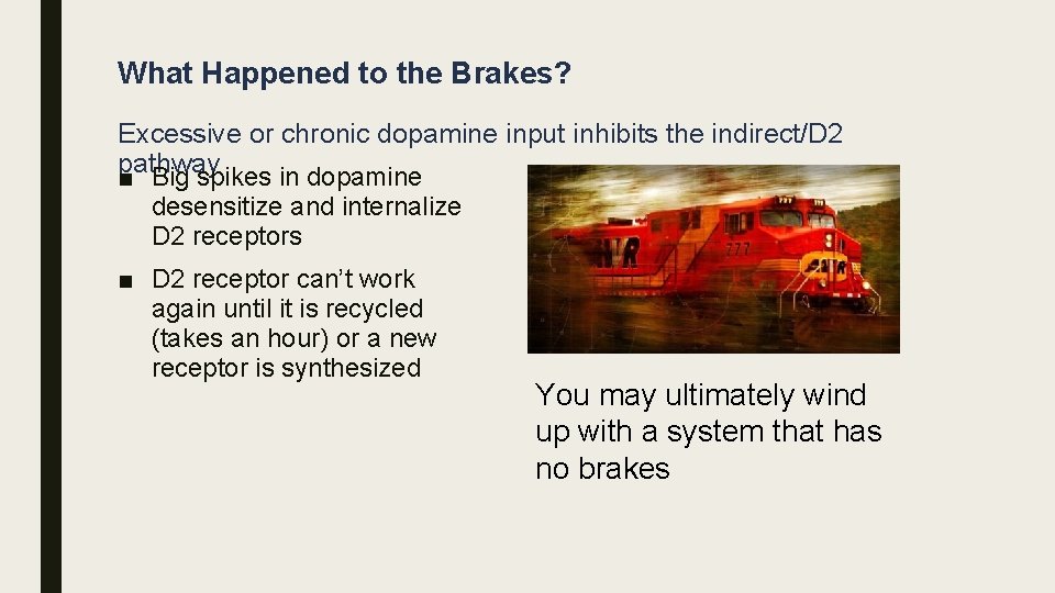 What Happened to the Brakes? Excessive or chronic dopamine input inhibits the indirect/D 2