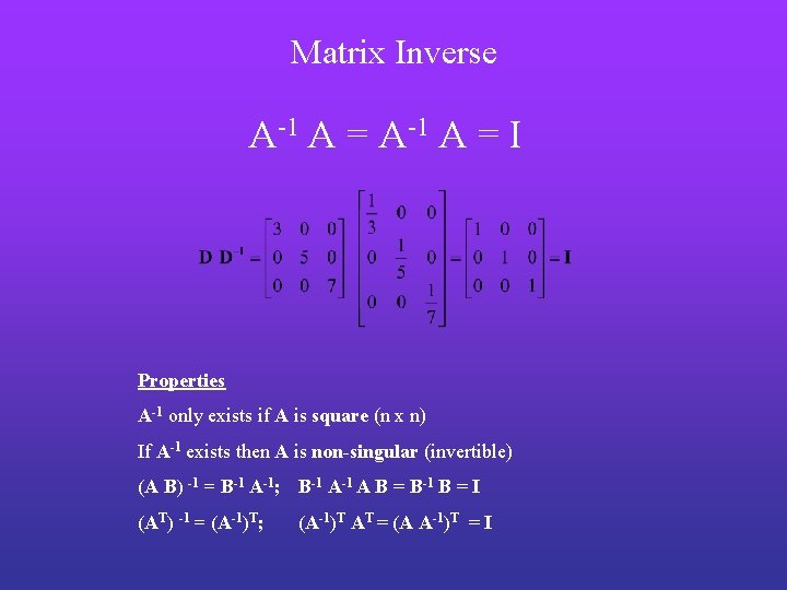 Matrix Inverse A-1 A = I Properties A-1 only exists if A is square