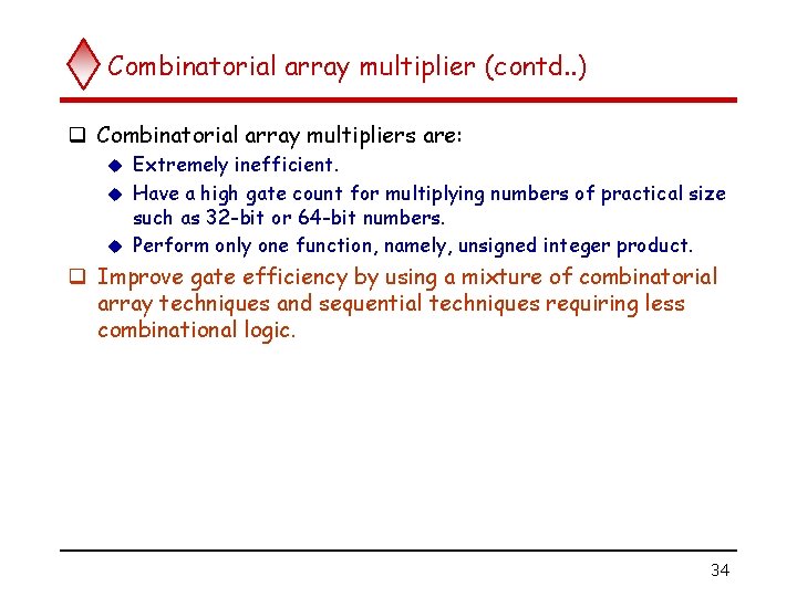 Combinatorial array multiplier (contd. . ) q Combinatorial array multipliers are: Extremely inefficient. u