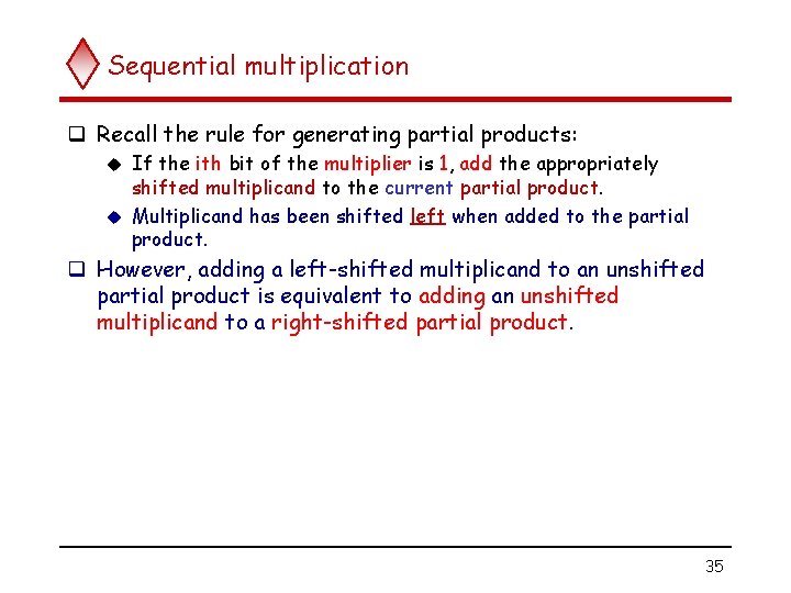 Sequential multiplication q Recall the rule for generating partial products: If the ith bit