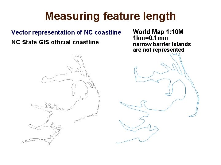 Measuring feature length Vector representation of NC coastline NC State GIS official coastline World