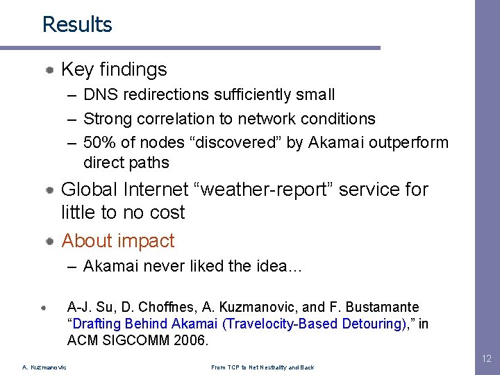 Results Key findings – DNS redirections sufficiently small – Strong correlation to network conditions