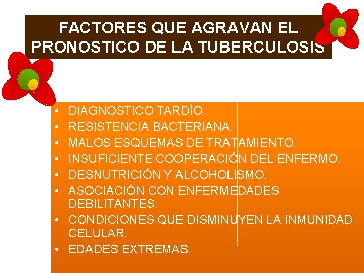 FACTORES QUE AGRAVAN EL PRONOSTICO DE LA TUBERCULOSIS • • • DIAGNOSTICO TARDÍO. RESISTENCIA