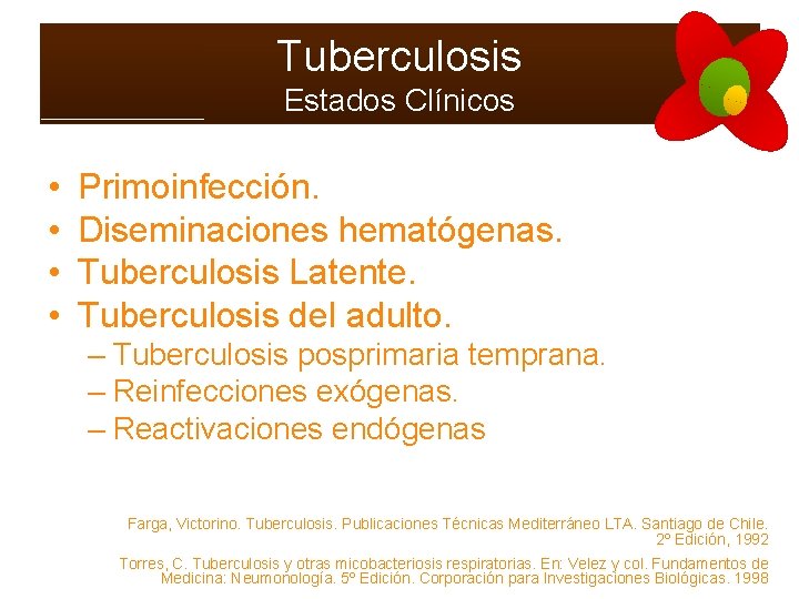 Tuberculosis Estados Clínicos • • Primoinfección. Diseminaciones hematógenas. Tuberculosis Latente. Tuberculosis del adulto. –