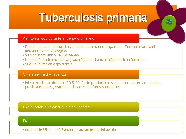 Tuberculosis primaria Asintomaticos durante el periodo primario • Primer contacto fértil del bacilo tuberculoso