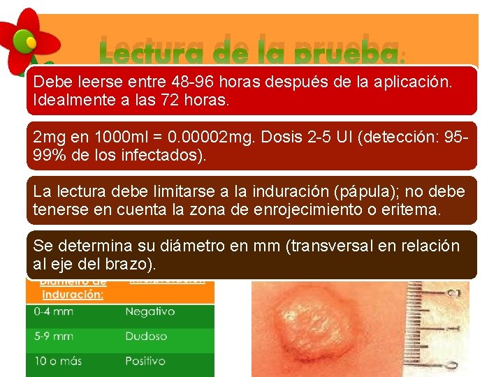 Lectura de la prueba. Debe leerse entre 48 -96 horas después de la aplicación.