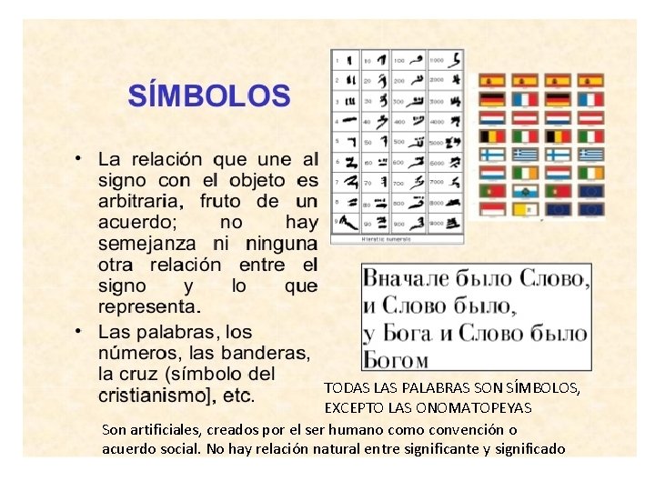 TODAS LAS PALABRAS SON SÍMBOLOS, EXCEPTO LAS ONOMATOPEYAS Son artificiales, creados por el ser