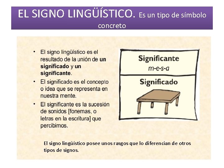 EL SIGNO LINGÜÍSTICO. Es un tipo de símbolo concreto El signo lingüístico posee unos