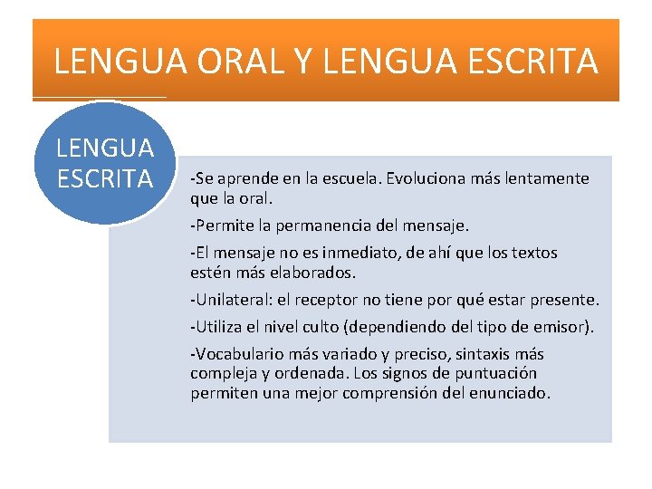 LENGUA ORAL Y LENGUA ESCRITA -Se aprende en la escuela. Evoluciona más lentamente que