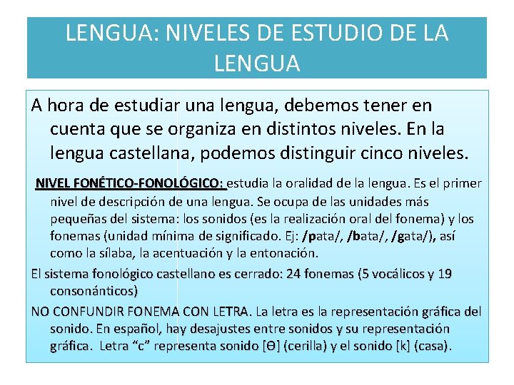 LENGUA: NIVELES DE ESTUDIO DE LA LENGUA A hora de estudiar una lengua, debemos