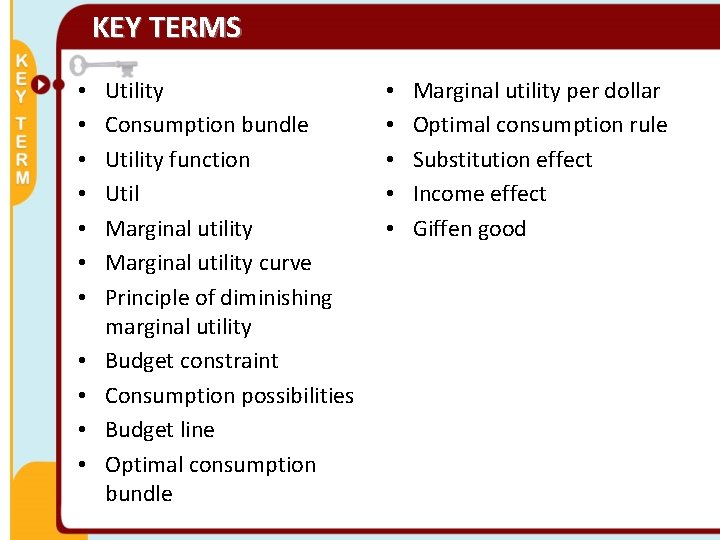 KEY TERMS • • • Utility Consumption bundle Utility function Util Marginal utility curve