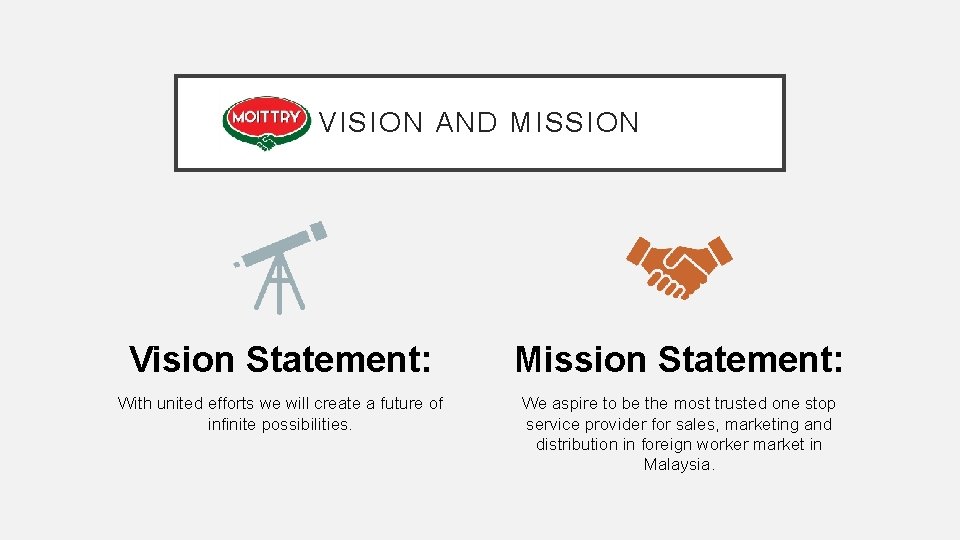VISION AND MISSION Vision Statement: Mission Statement: With united efforts we will create a