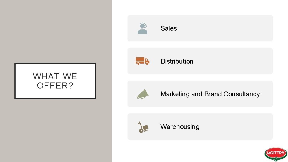 Sales Distribution WHAT WE OFFER? Marketing and Brand Consultancy Warehousing 