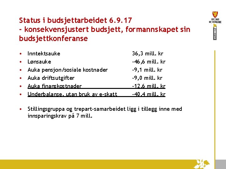 Status i budsjettarbeidet 6. 9. 17 - konsekvensjustert budsjett, formannskapet sin budsjettkonferanse • •