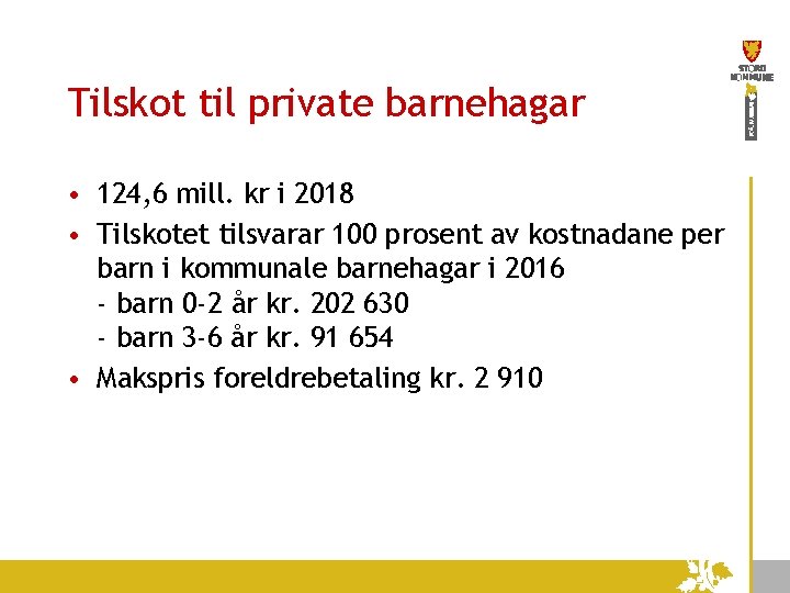 Tilskot til private barnehagar • 124, 6 mill. kr i 2018 • Tilskotet tilsvarar