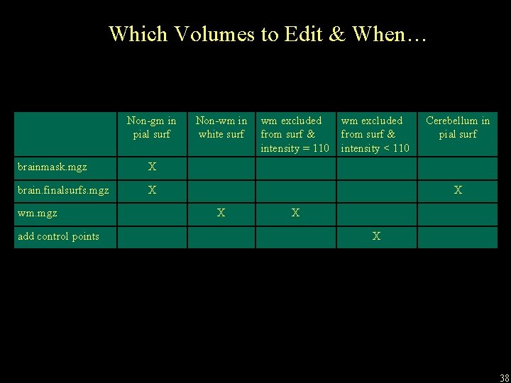 Which Volumes to Edit & When… Non-gm in pial surf brainmask. mgz X brain. Which Volumes to Edit & When… Non-gm in pial surf brainmask. mgz X brain.