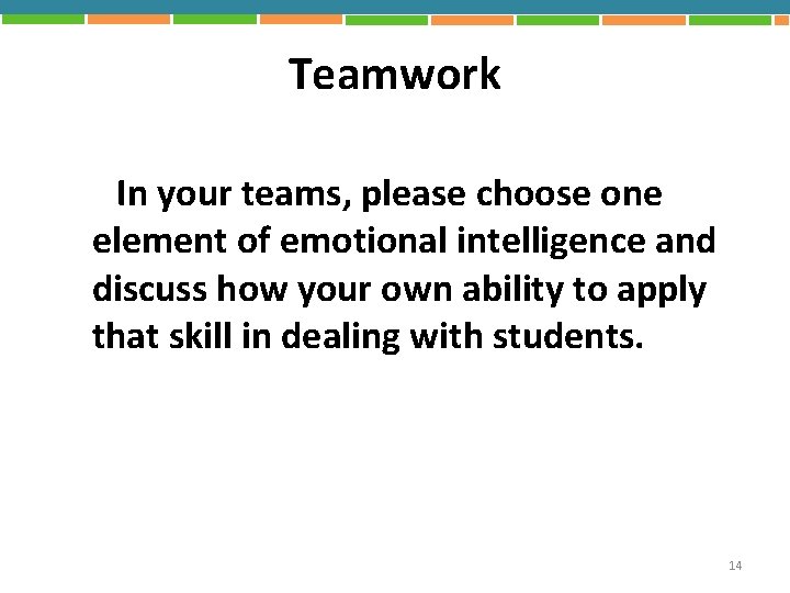 Teamwork In your teams, please choose one element of emotional intelligence and discuss how