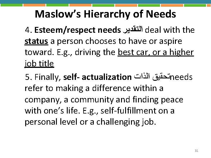 Maslow’s Hierarchy of Needs 4. Esteem/respect needs ﺍﻟﺘﻘﺪﻳﺮ deal with the status a person