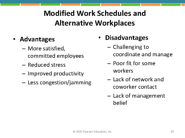 Modified Work Schedules and Alternative Workplaces • Disadvantages • Advantages – More satisfied, committed