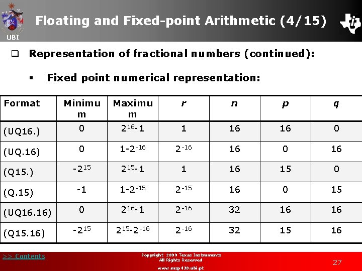 Floating and Fixed-point Arithmetic (4/15) UBI q Representation of fractional numbers (continued): § Fixed