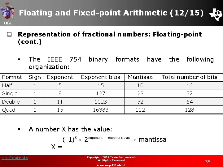 Floating and Fixed-point Arithmetic (12/15) UBI q Representation of fractional numbers: Floating-point (cont. )