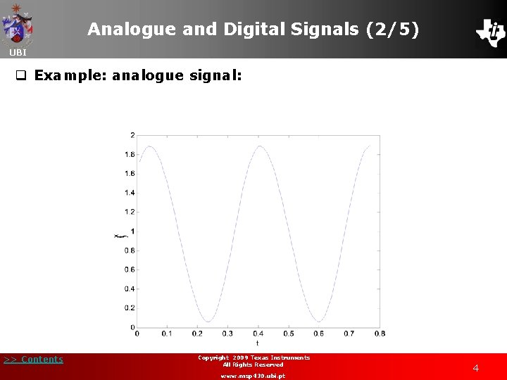 Analogue and Digital Signals (2/5) UBI q Example: analogue signal: >> Contents Copyright 2009