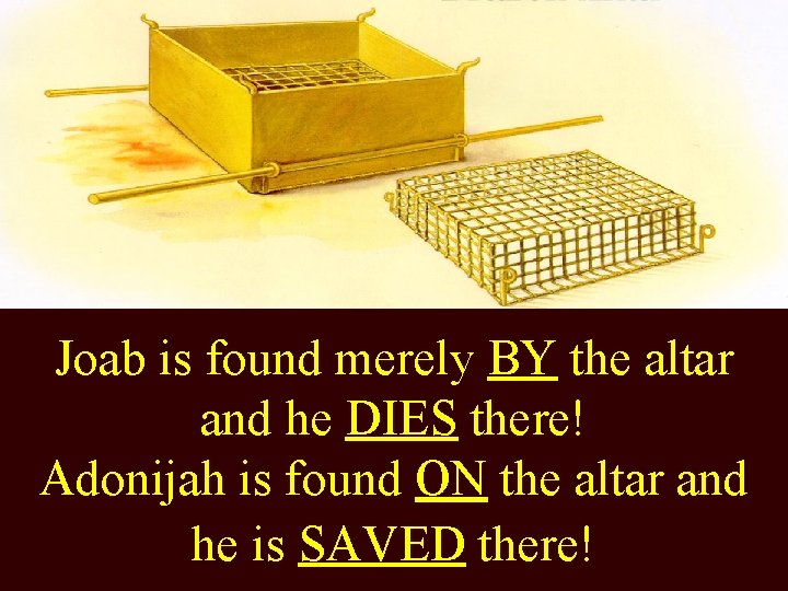 Joab is found merely BY the altar and he DIES there! Adonijah is found