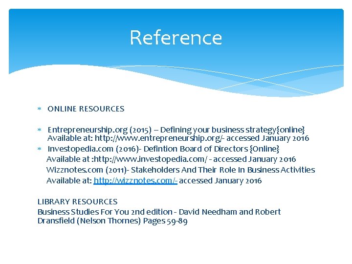 Reference ONLINE RESOURCES Entrepreneurship. org (2015) – Defining your business strategy{online} Available at: http: