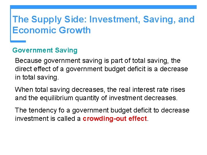 The Supply Side: Investment, Saving, and Economic Growth Government Saving Because government saving is