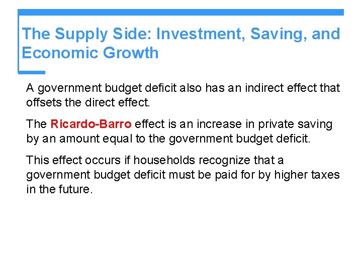 The Supply Side: Investment, Saving, and Economic Growth A government budget deficit also has