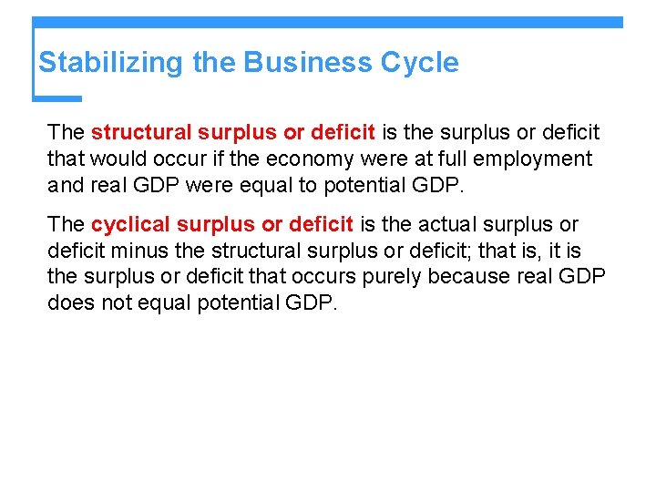 Stabilizing the Business Cycle The structural surplus or deficit is the surplus or deficit