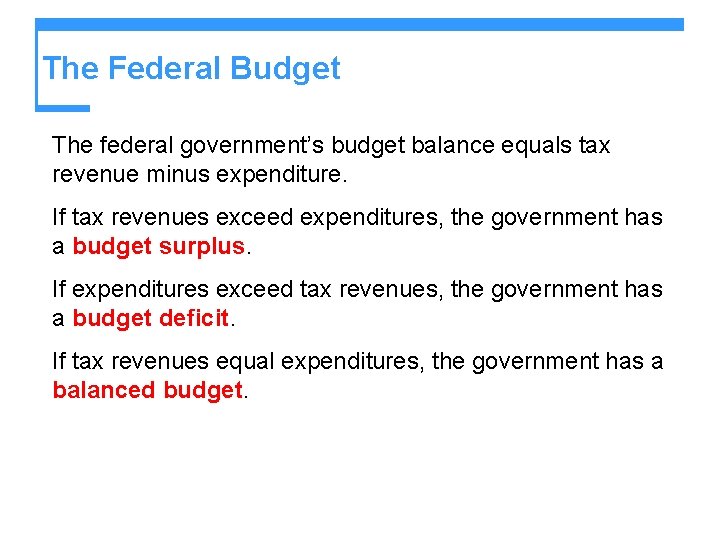 The Federal Budget The federal government’s budget balance equals tax revenue minus expenditure. If