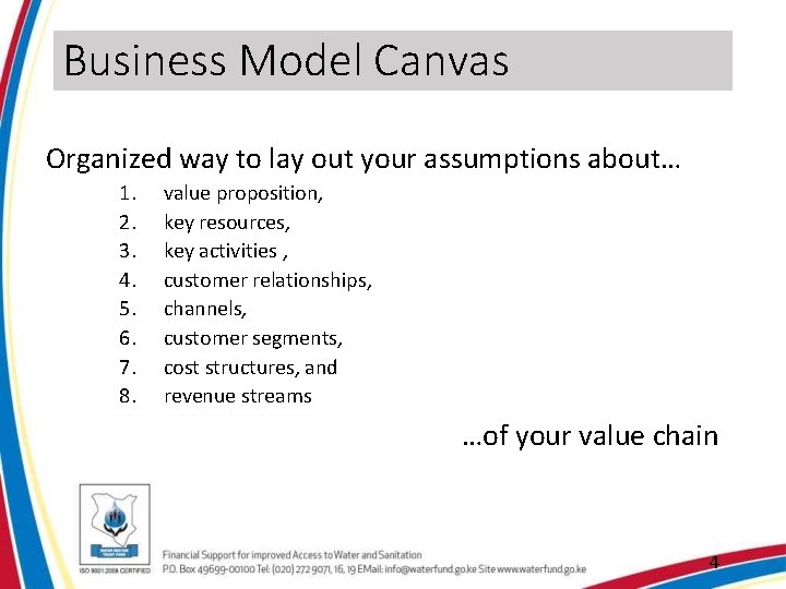 Business Model Canvas Organized way to lay out your assumptions about… 1. 2. 3.