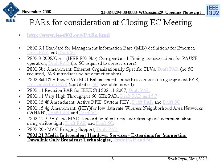 November 2008 21 -08 -0294 -00 -0000 -WGsession 29_Opening_Notes. ppt PARs for consideration at