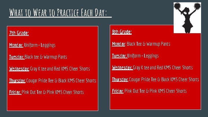 What to Wear to Practice Each Day: 7 th Grade: 8 th Grade: Monday: