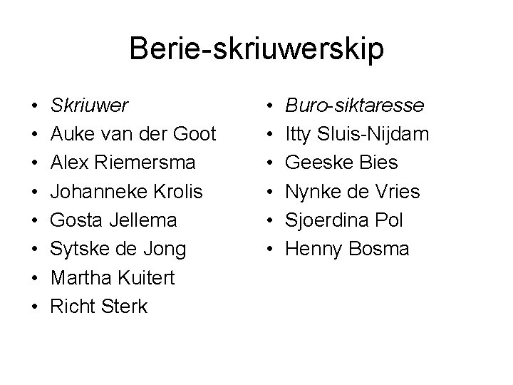 Berie-skriuwerskip • • Skriuwer Auke van der Goot Alex Riemersma Johanneke Krolis Gosta Jellema