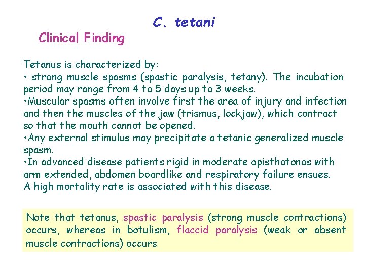 Clinical Finding C. tetani Tetanus is characterized by: • strong muscle spasms (spastic paralysis,
