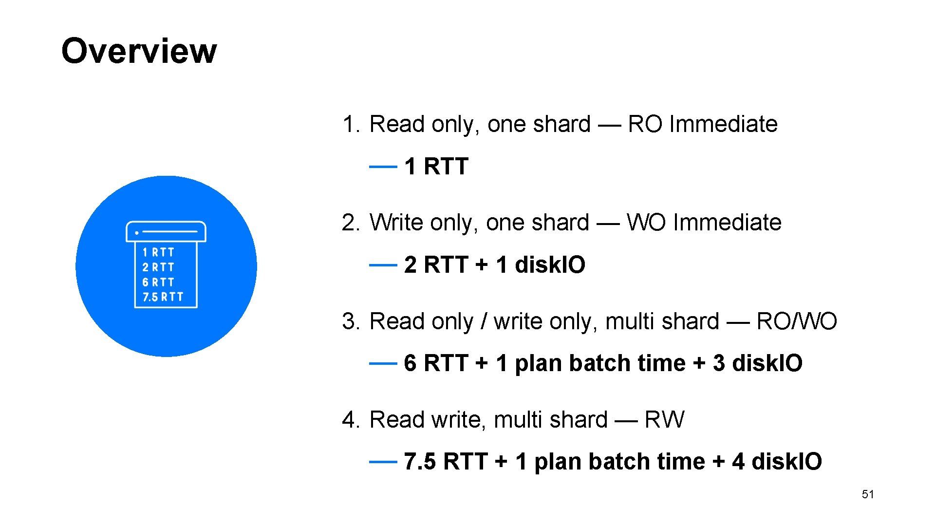 Overview 1. Read only, one shard — RO Immediate — 1 RTT 2. Write