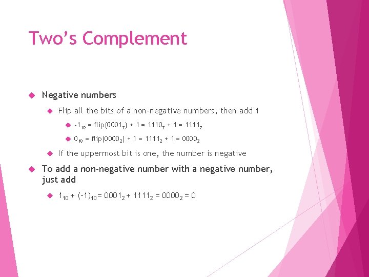 Two’s Complement Negative numbers Flip all the bits of a non-negative numbers, then add