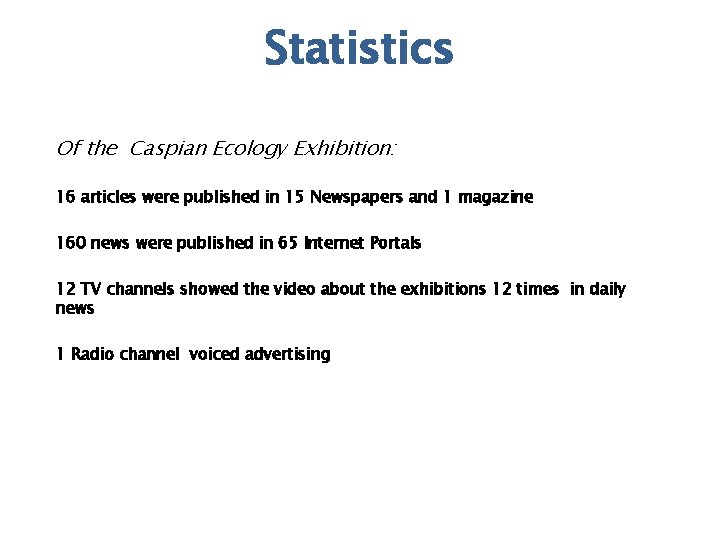 Statistics Of the Caspian Ecology Exhibition: 16 articles were published in 15 Newspapers and