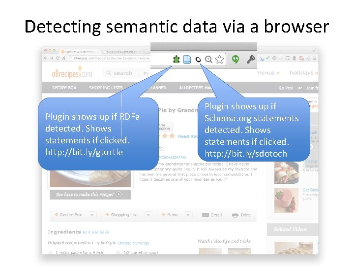 Detecting semantic data via a browser Plugin shows up if RDFa detected. Shows statements