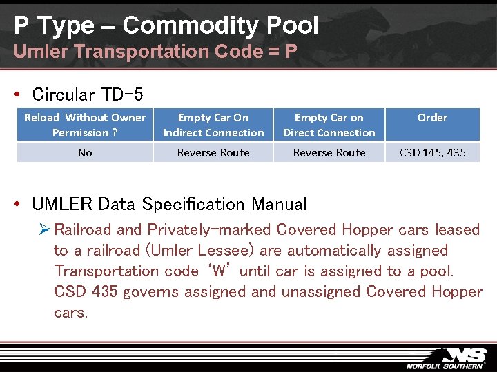 P Type – Commodity Pool Umler Transportation Code = P • Circular TD-5 Reload