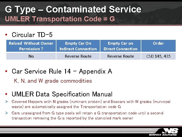 G Type – Contaminated Service UMLER Transportation Code = G • Circular TD-5 Reload