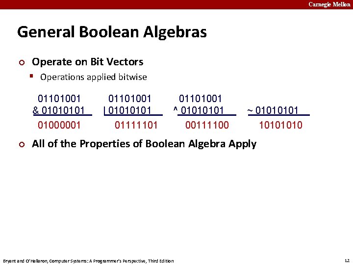 Carnegie Mellon General Boolean Algebras ¢ Operate on Bit Vectors § Operations applied bitwise