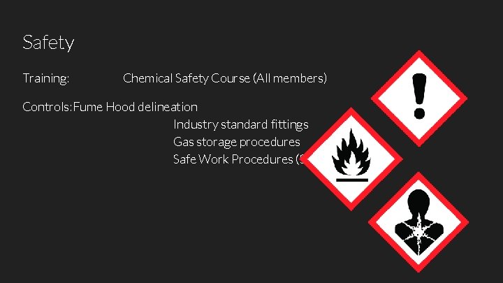 Safety Training: Chemical Safety Course (All members) Controls: Fume Hood delineation Industry standard fittings