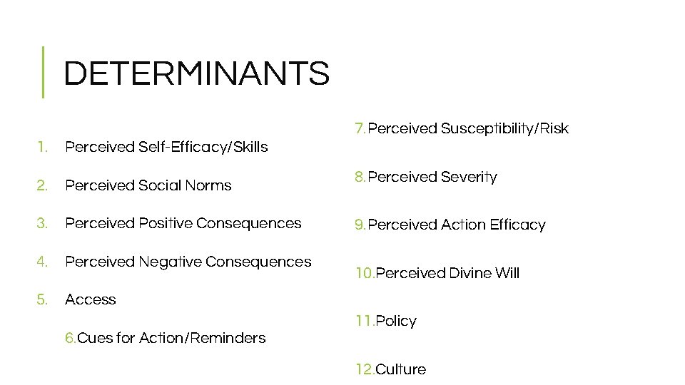 DETERMINANTS 7. Perceived Susceptibility/Risk 1. Perceived Self-Efficacy/Skills 2. Perceived Social Norms 3. Perceived Positive