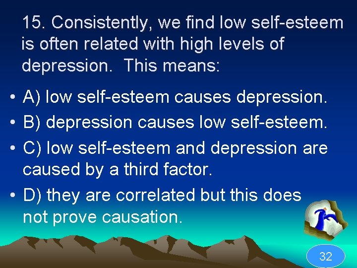 15. Consistently, we find low self-esteem is often related with high levels of depression.