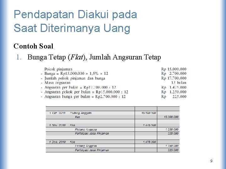 Pendapatan Diakui pada Saat Diterimanya Uang Contoh Soal 1. Bunga Tetap (Flat), Jumlah Angsuran