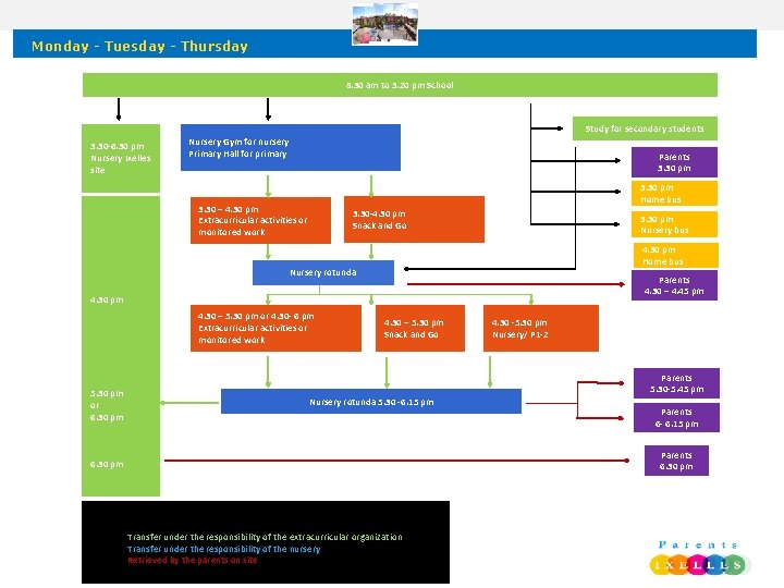 Monday - Tuesday - Thursday 8. 30 am to 3. 20 pm School Study